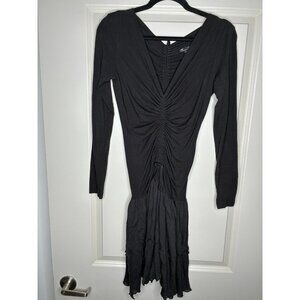 Plein Sud Black Long Sleeve Ruched Mini Dress V Neck Ruffle Size US 10